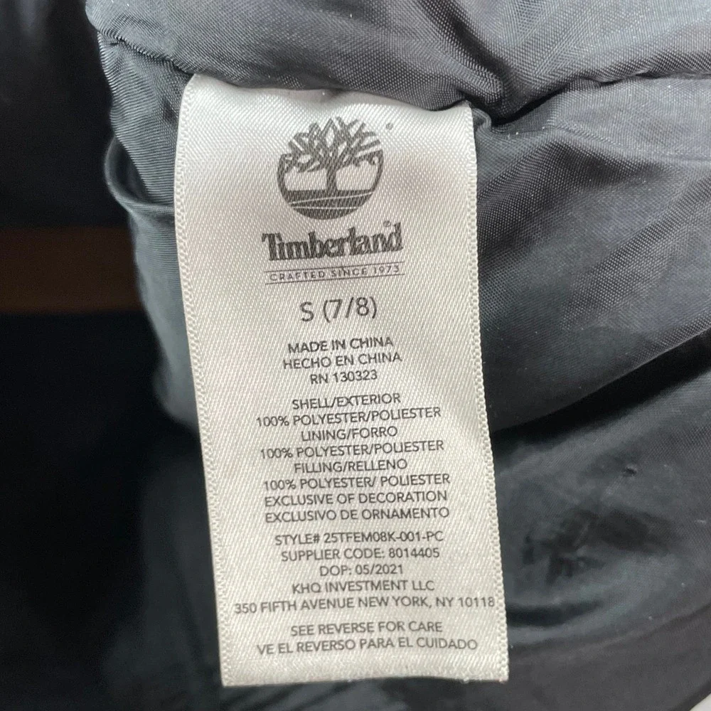 Timberland Hooded Parka Jacket Boys Size S 7/8 Black Insulated Fleece Lined Coat